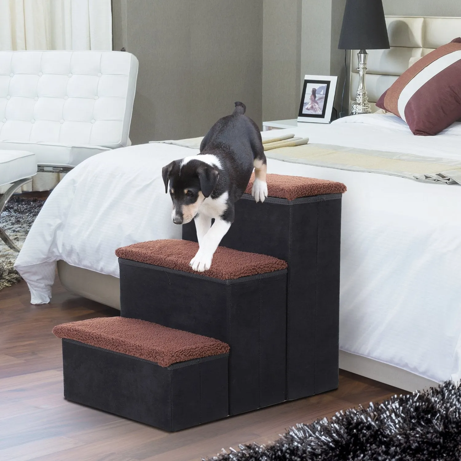 3 Step Pet Stairs Foldable Portable Mobility Assistance w/ Washable Fleece Cover 41x19cm Black