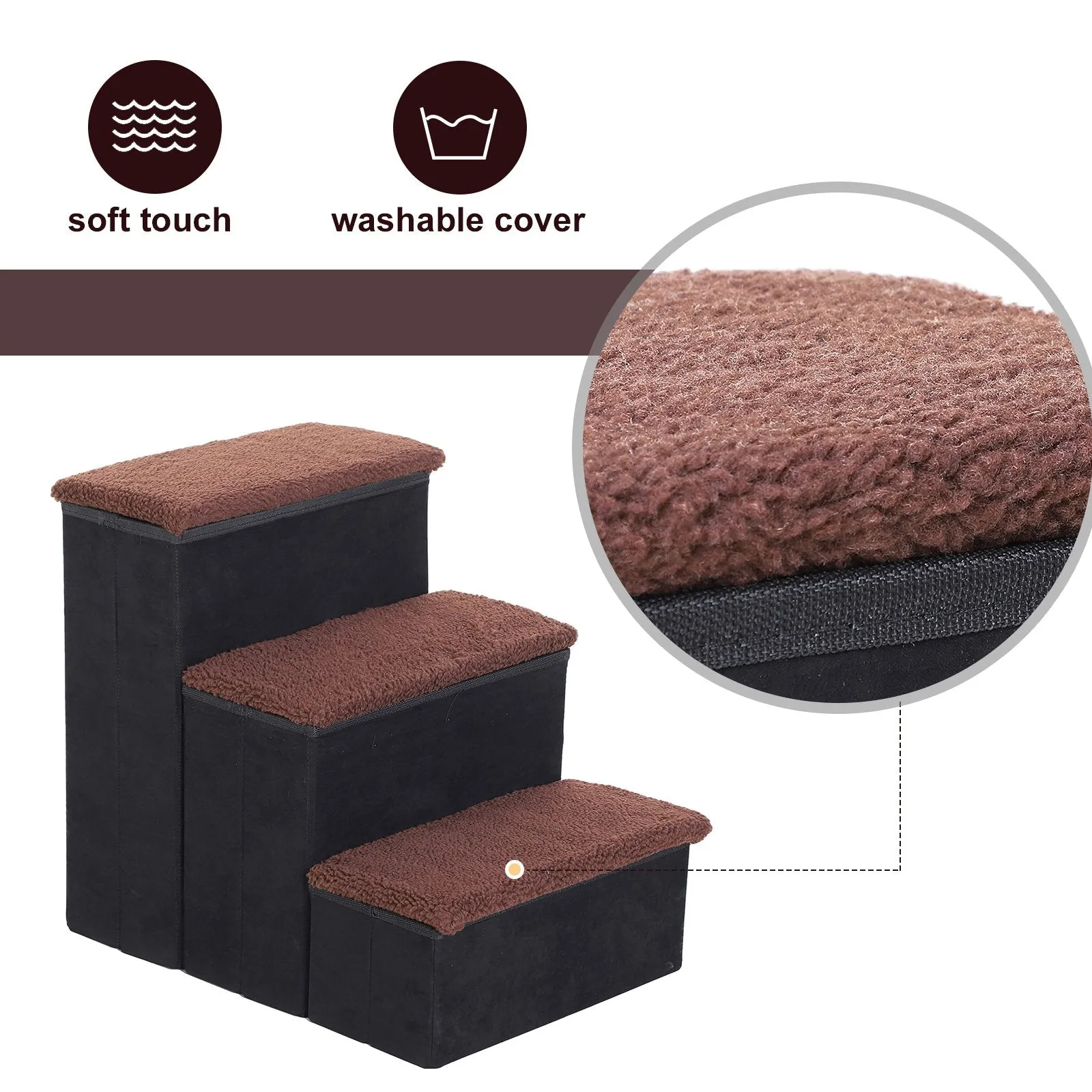 3 Step Pet Stairs Foldable Portable Mobility Assistance w/ Washable Fleece Cover 41x19cm Black