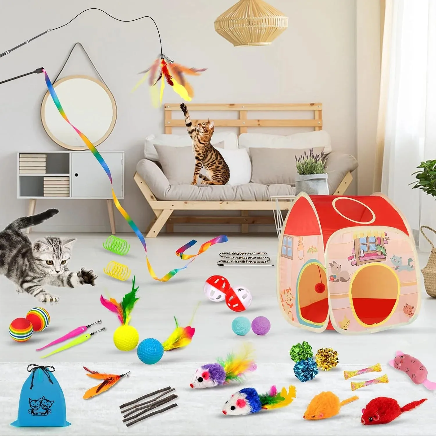 34Pcs Cat/Kitten Toy Set, Interactive Kitty Toys with Collapsible Cat Tunnels Tent