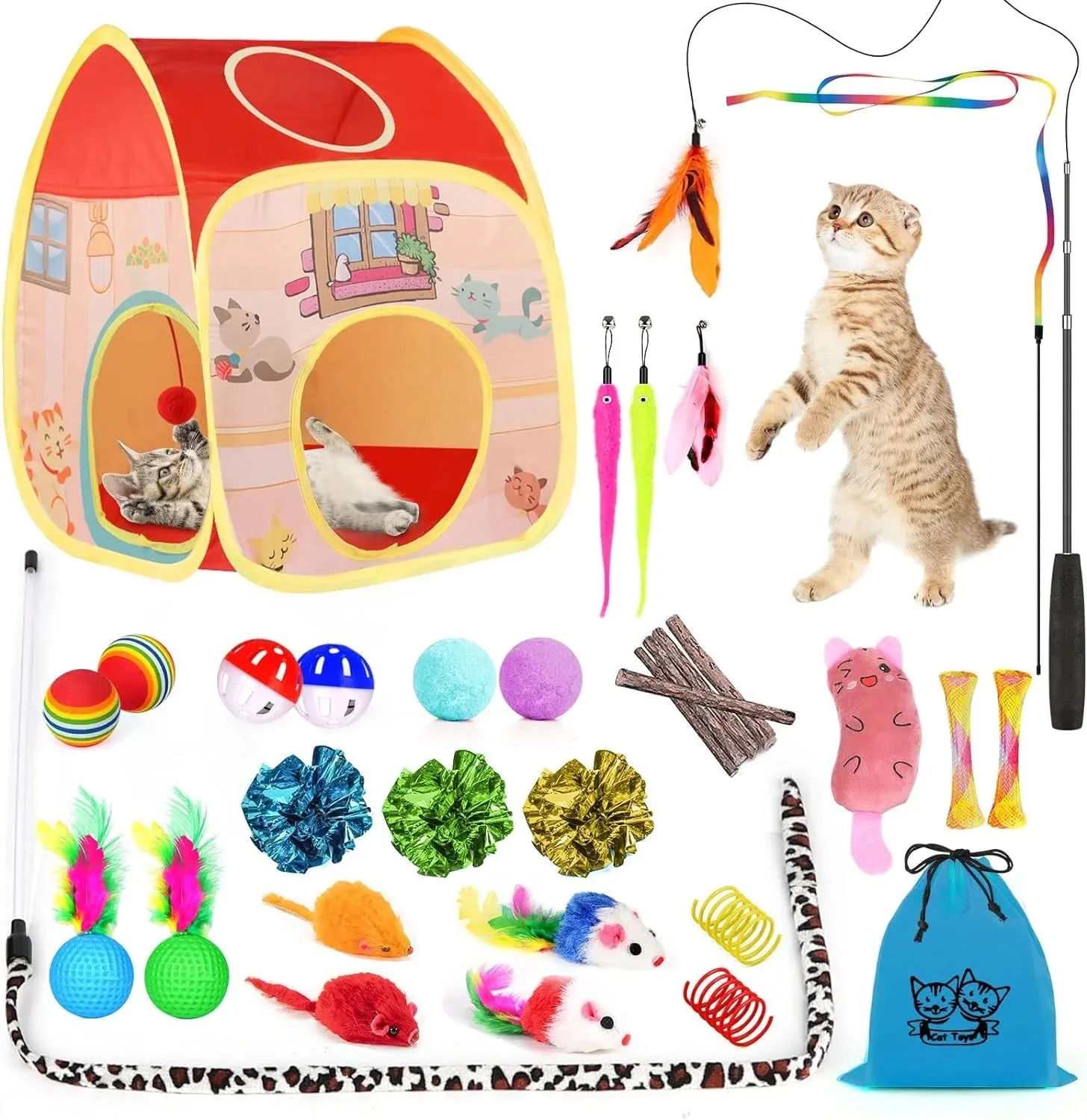 34Pcs Cat/Kitten Toy Set, Interactive Kitty Toys with Collapsible Cat Tunnels Tent