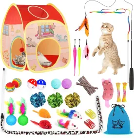 34Pcs Cat/Kitten Toy Set, Interactive Kitty Toys with Collapsible Cat Tunnels Tent