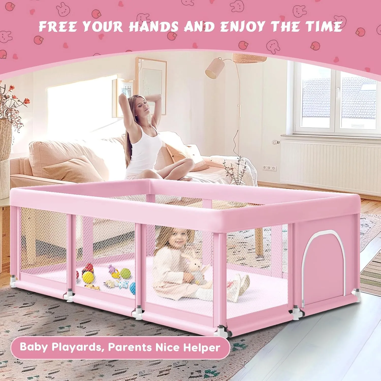 74" 50" Large Baby Playpen, Baby Playard for Babies and Toddlers, Play Pens for Indoor & Outdoor, Sturdy Safety Play Yard with Soft Breathable Mesh, Anti-Fall, Pink
