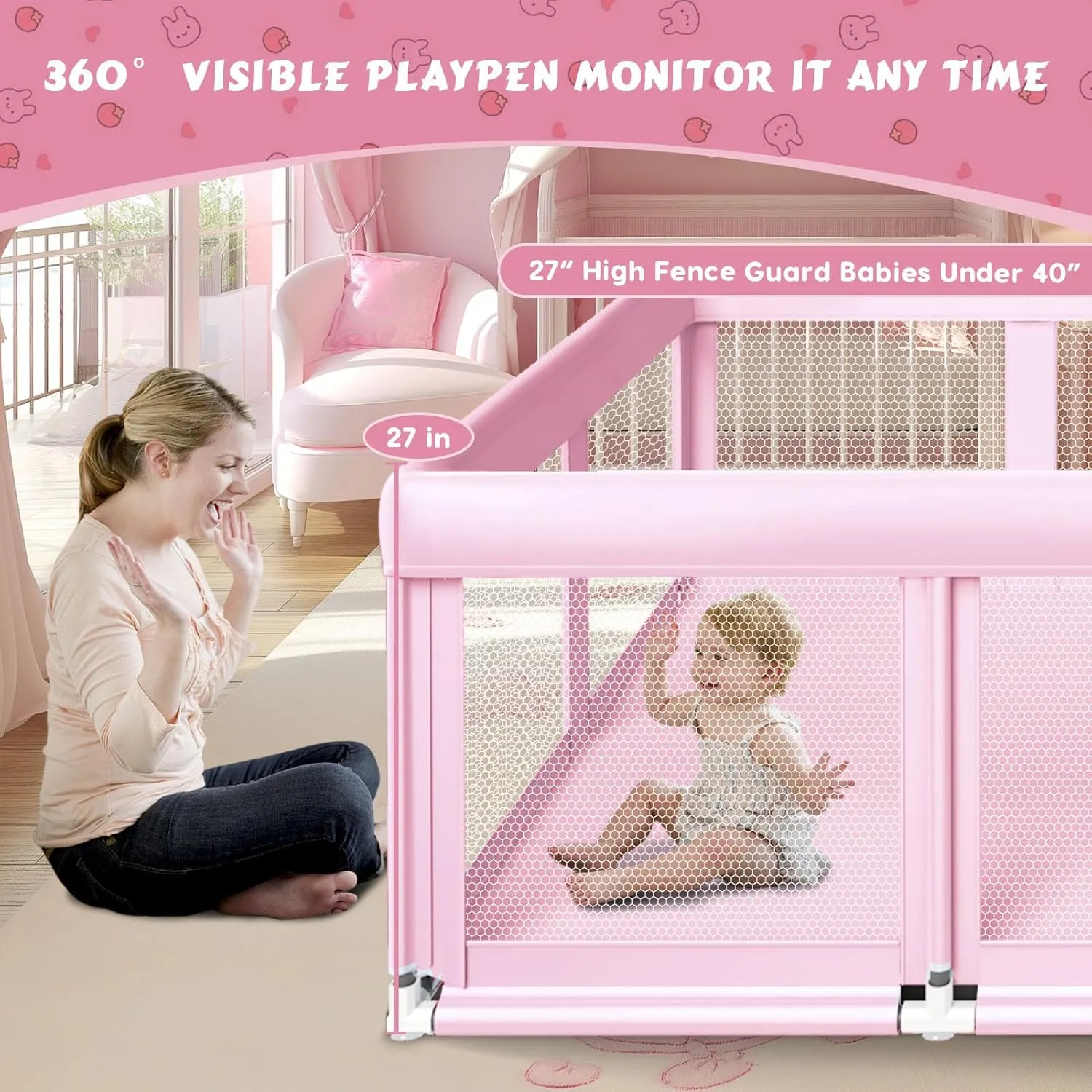 74" 50" Large Baby Playpen, Baby Playard for Babies and Toddlers, Play Pens for Indoor & Outdoor, Sturdy Safety Play Yard with Soft Breathable Mesh, Anti-Fall, Pink