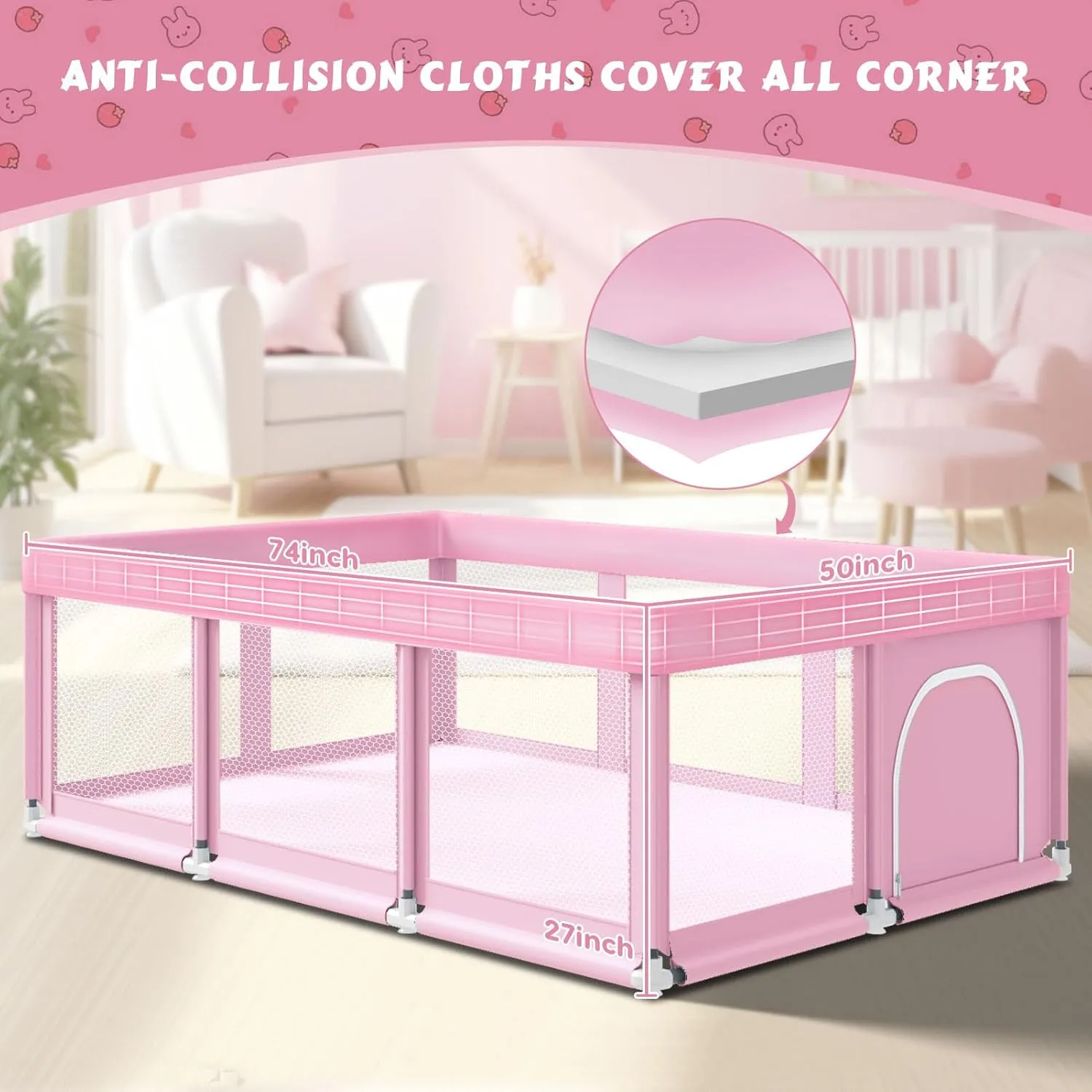 74" 50" Large Baby Playpen, Baby Playard for Babies and Toddlers, Play Pens for Indoor & Outdoor, Sturdy Safety Play Yard with Soft Breathable Mesh, Anti-Fall, Pink