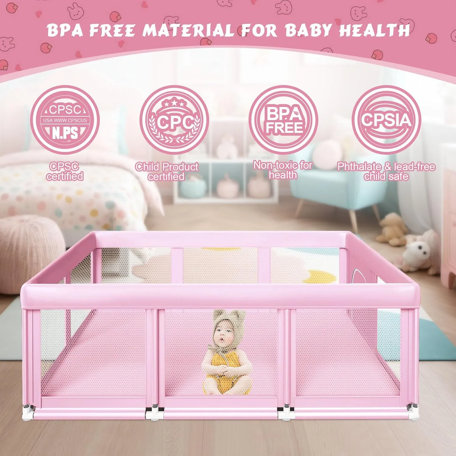 74" 50" Large Baby Playpen, Baby Playard for Babies and Toddlers, Play Pens for Indoor & Outdoor, Sturdy Safety Play Yard with Soft Breathable Mesh, Anti-Fall, Pink
