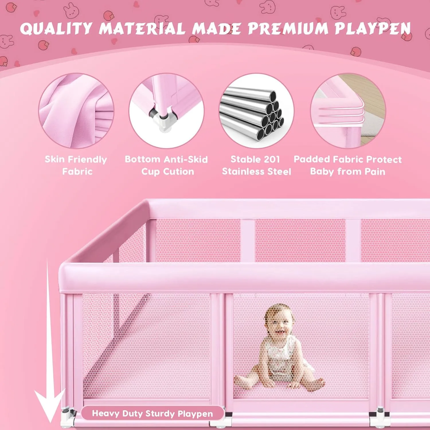 74" 50" Large Baby Playpen, Baby Playard for Babies and Toddlers, Play Pens for Indoor & Outdoor, Sturdy Safety Play Yard with Soft Breathable Mesh, Anti-Fall, Pink