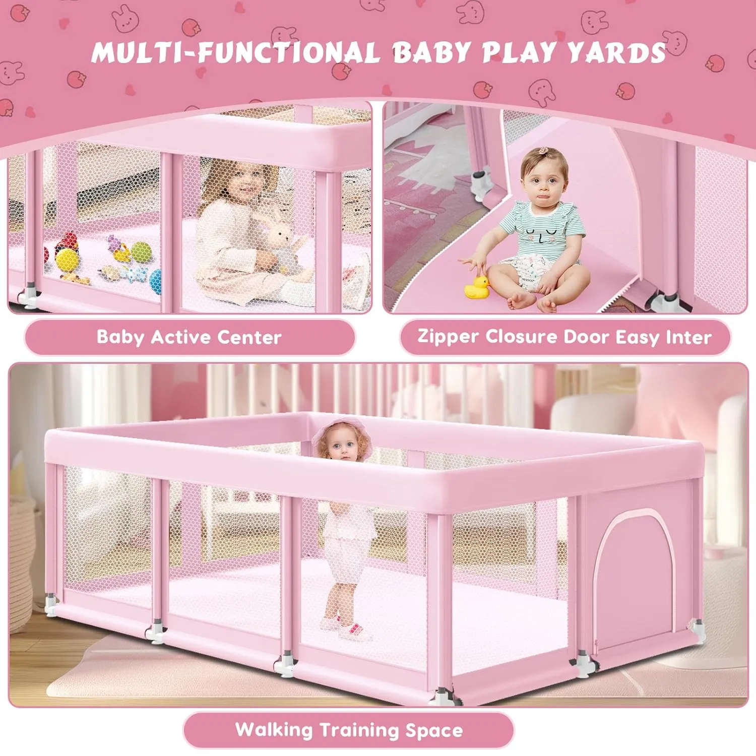 74" 50" Large Baby Playpen, Baby Playard for Babies and Toddlers, Play Pens for Indoor & Outdoor, Sturdy Safety Play Yard with Soft Breathable Mesh, Anti-Fall, Pink