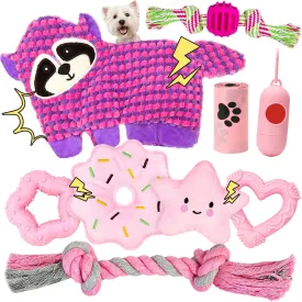 9 Pack Cute Squeaky Dog Toys Set for Small Dogs, Interactive Rope Puppy Chew Toys for Teething, No-Stuffing Squeaker Raccoon-Shaped Doggy Toys with Crinkle in, Small Dog Toy to Keep Them Busy