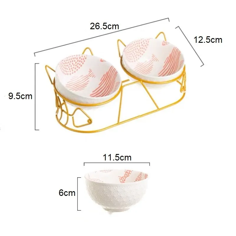 Adorable Tilted Ceramic Dual Cat Bowl with Stand