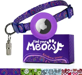 AirTag Cat Collar, MEOWF Cat Tracker Collar with Air Tag Holder, Safety Breakaway Buckle and Name Tag, Compatible with Apple Airtag, for Cats, Kittens and Small Dogs (Rainbow Lover) (Purple)