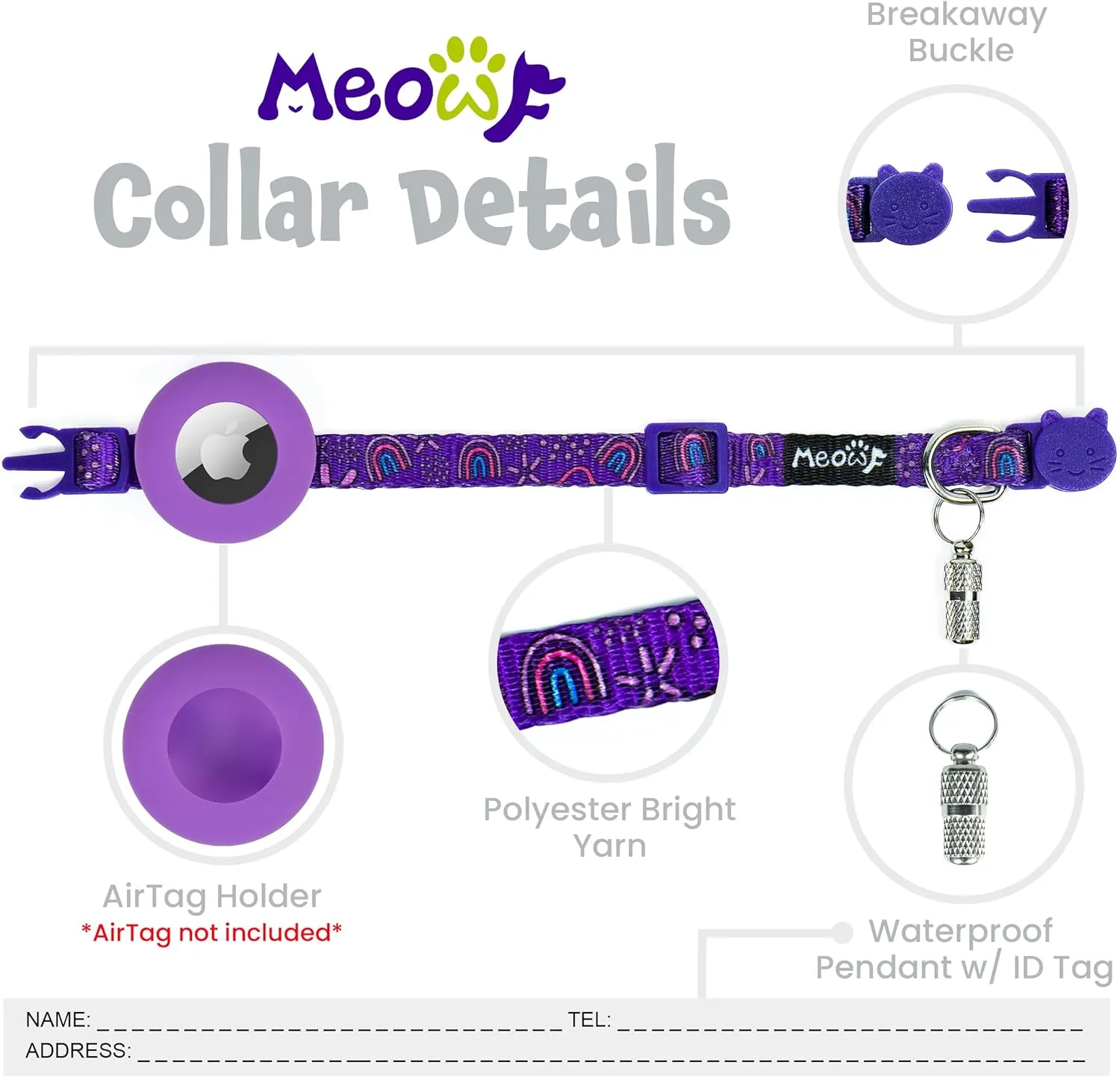 AirTag Cat Collar, MEOWF Cat Tracker Collar with Air Tag Holder, Safety Breakaway Buckle and Name Tag, Compatible with Apple Airtag, for Cats, Kittens and Small Dogs (Rainbow Lover) (Purple)
