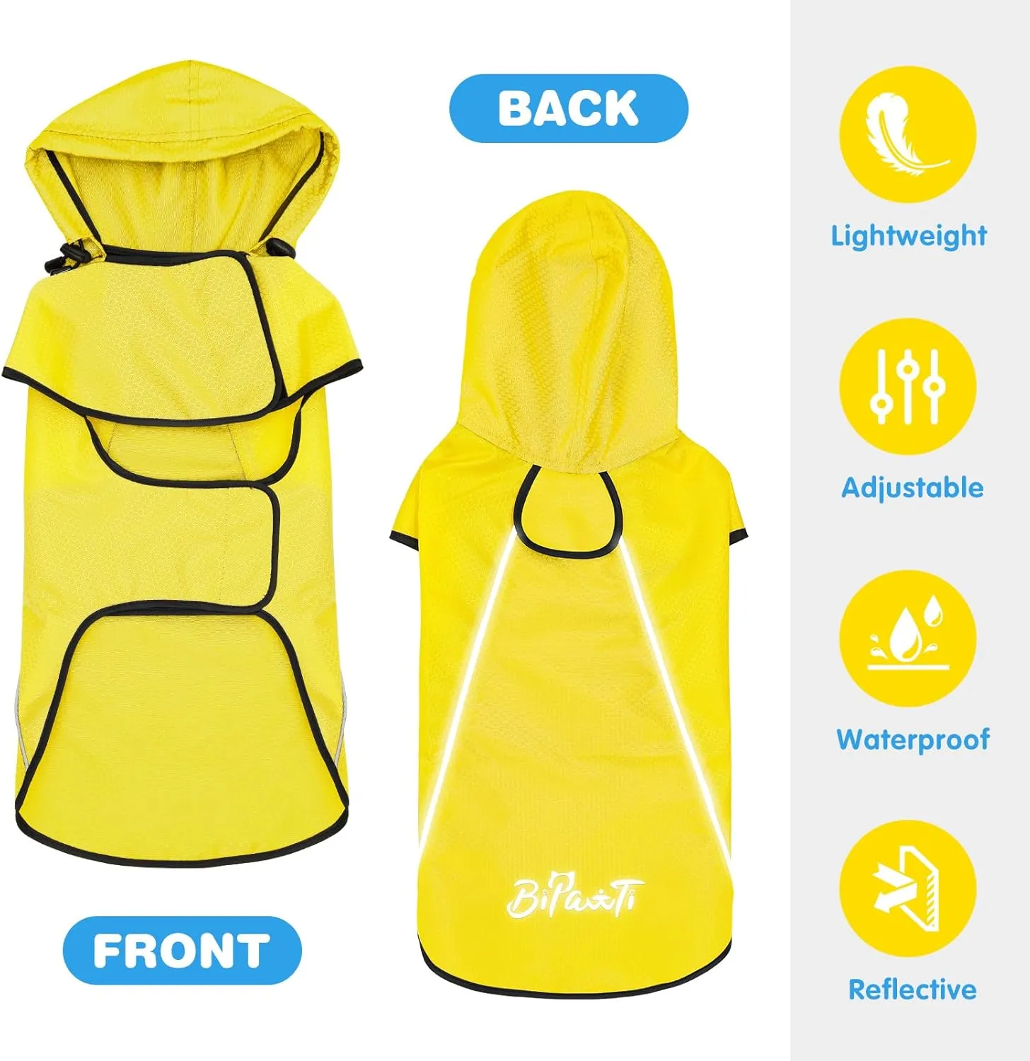 BiPawTi Dog Rain Coats for Medium Dogs Waterproof Dog Jacket, Lightweight Reflective Safety Rain Jacket, Medium Pet Raincoat with Hood/Leash Hole/Reflective Strip - Yellow, M