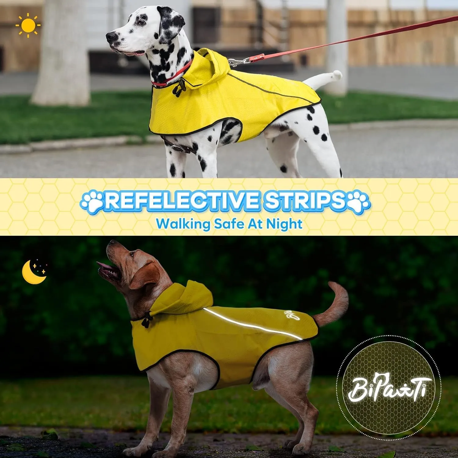 BiPawTi Dog Rain Coats for Medium Dogs Waterproof Dog Jacket, Lightweight Reflective Safety Rain Jacket, Medium Pet Raincoat with Hood/Leash Hole/Reflective Strip - Yellow, M