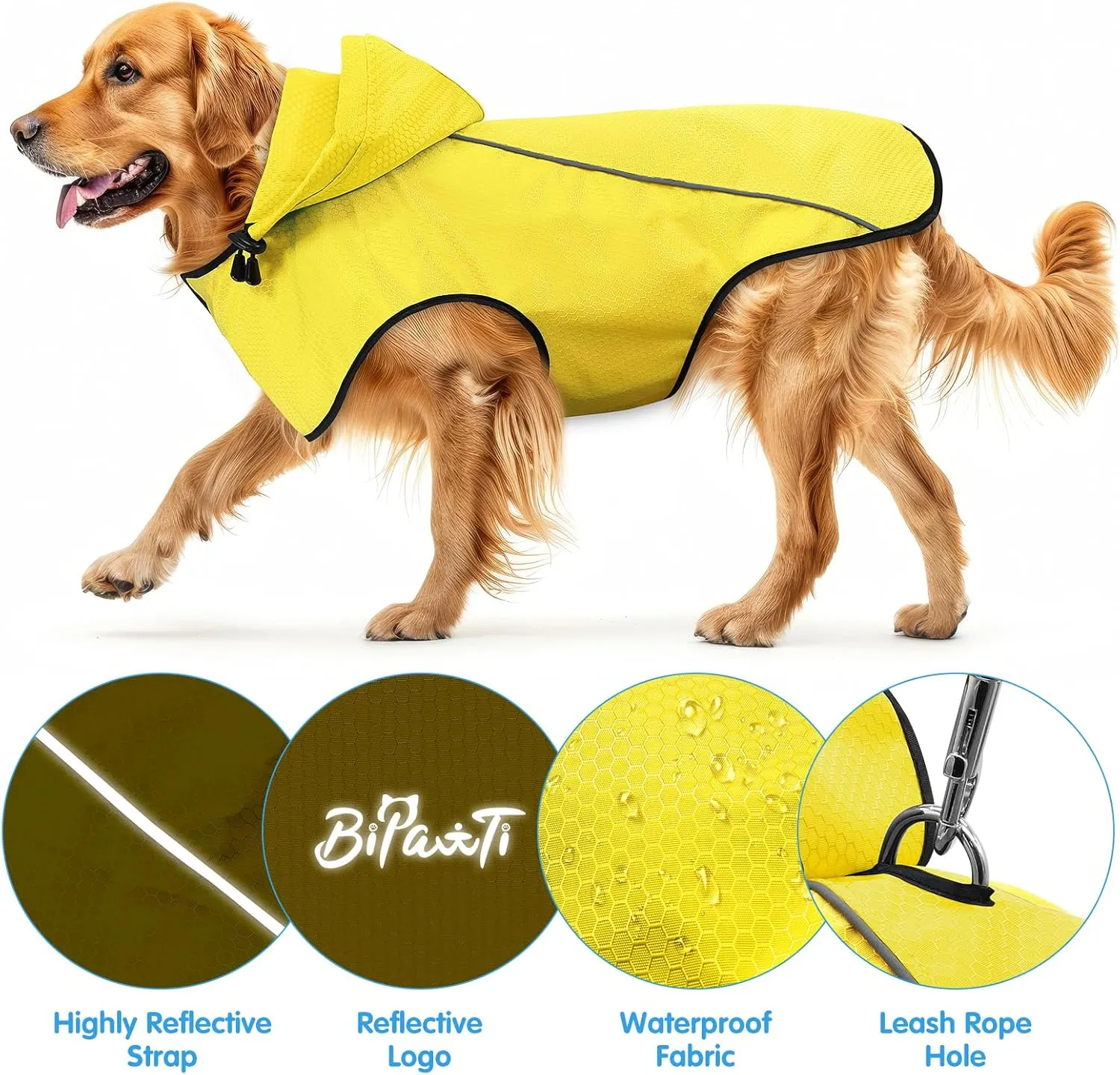 BiPawTi Dog Rain Coats for Medium Dogs Waterproof Dog Jacket, Lightweight Reflective Safety Rain Jacket, Medium Pet Raincoat with Hood/Leash Hole/Reflective Strip - Yellow, M