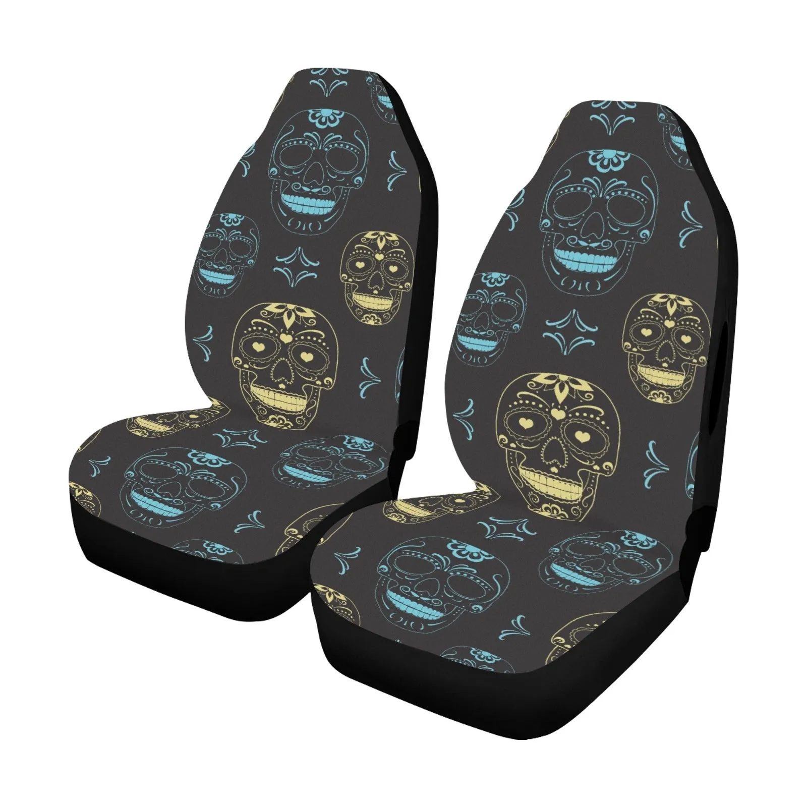 Blue & Gold Skulls Car Seat Cover Airbag Compatible Set of 2
