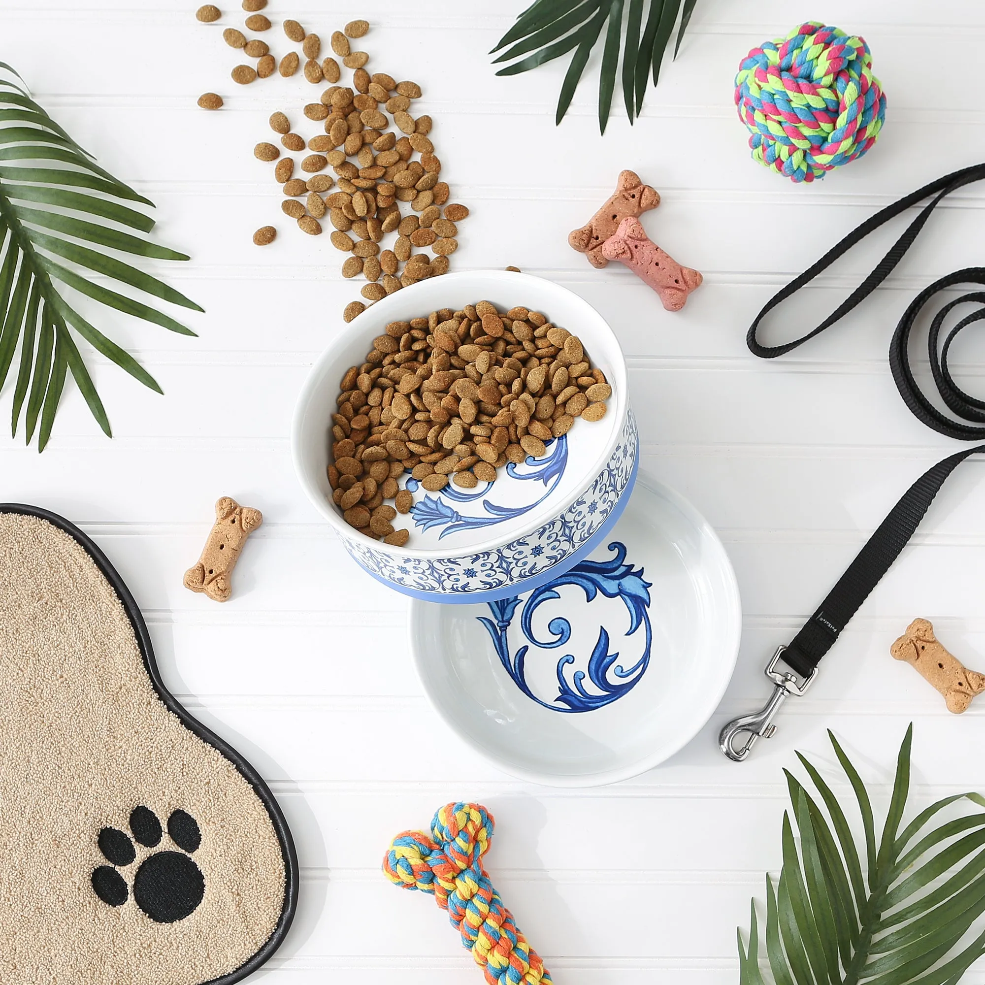 Blue Tile Pet Bowl Set of 2, Large 3.75 C. Capacity