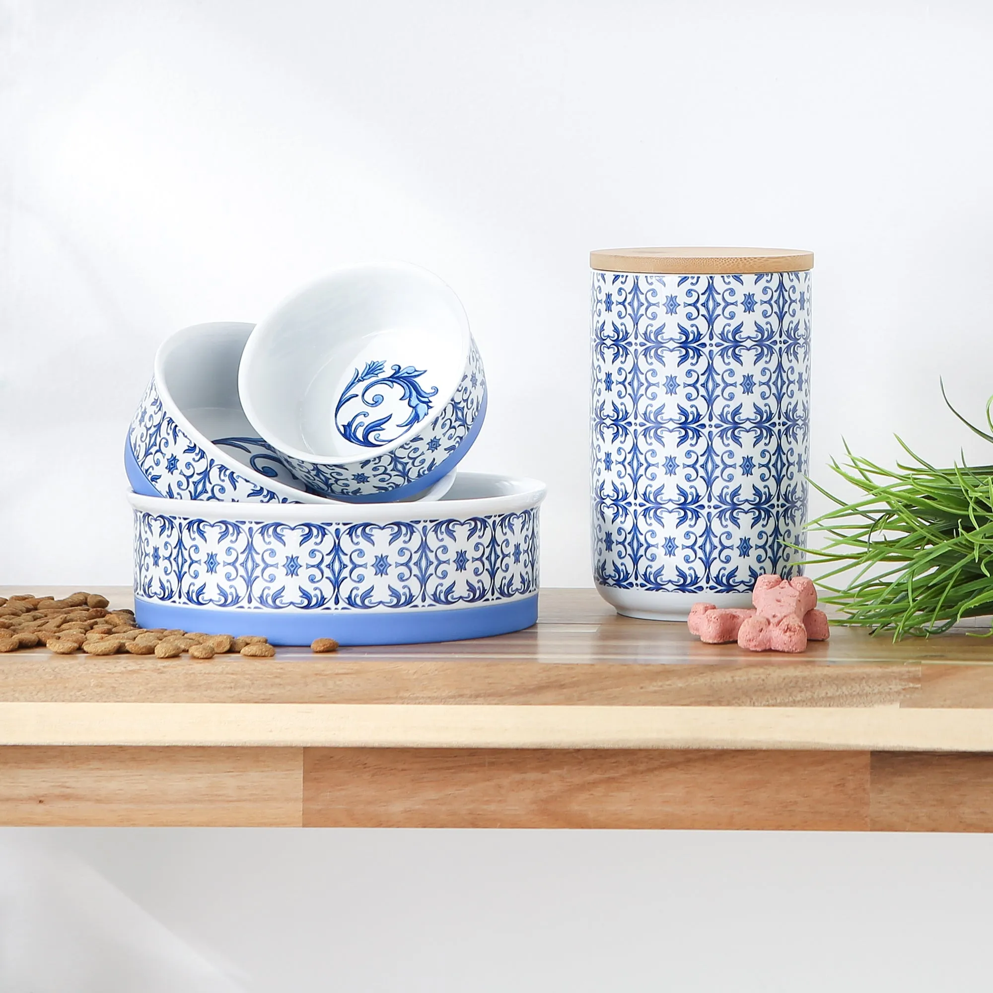 Blue Tile Pet Bowl Set of 2, Large 3.75 C. Capacity