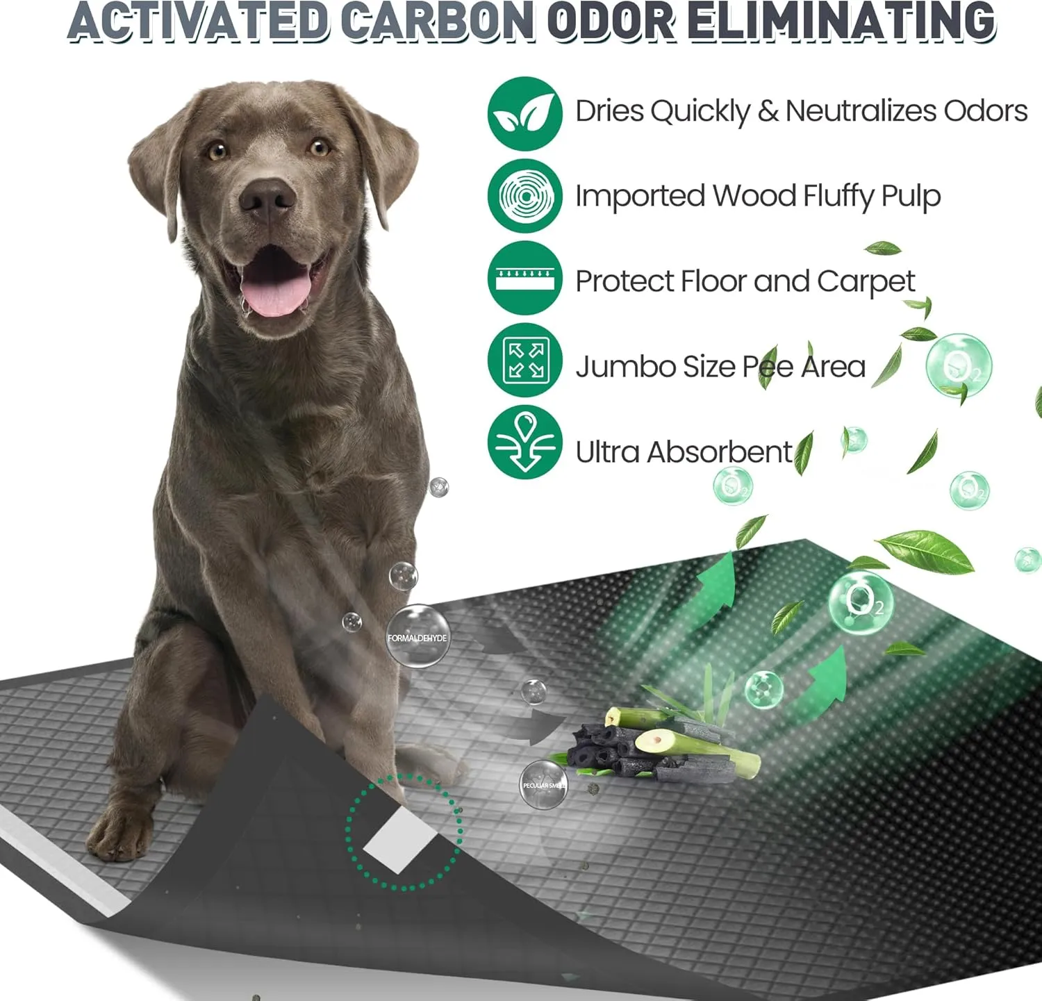 Boscute Charcoal Super Absorbency Puppy Pads, Activated Carbon Odor-Control XL 28"x34" Leak-Proof Pet Training Pee Pads, Disposable Potty Pads for Dogs Cats, Rabbits 45Counts