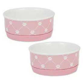 Bubble Gum Pink Blue Trellis Paw Print Pet Bowl Set of 2 , Small - 3/4 C Capacity