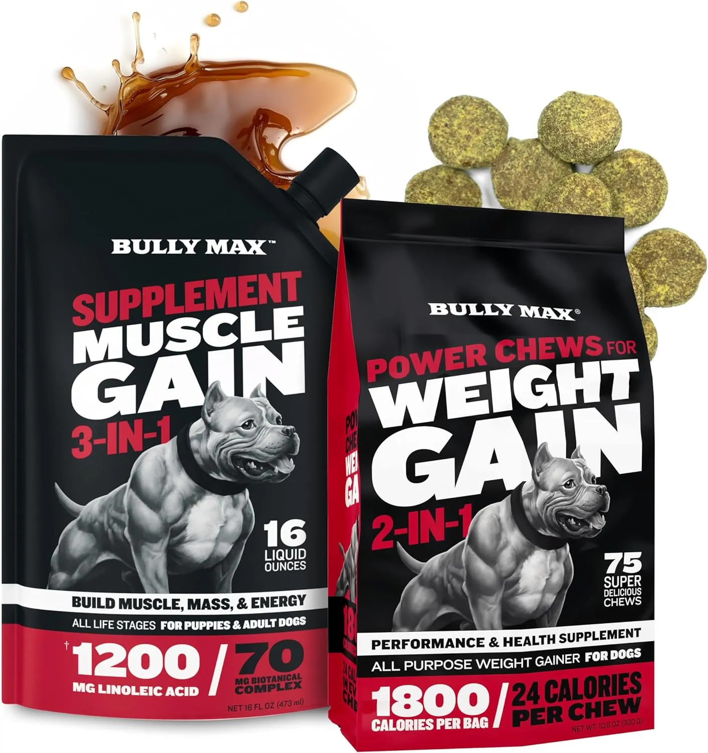 Bully Max Premium Performance Bundle  3-in-1 Liquid Muscle Builder & Weight Gainer Soft Chews for Healthy Muscle Growth, Weight Gain, Energy and Vitality  for Puppies, Adults and Senior Dogs