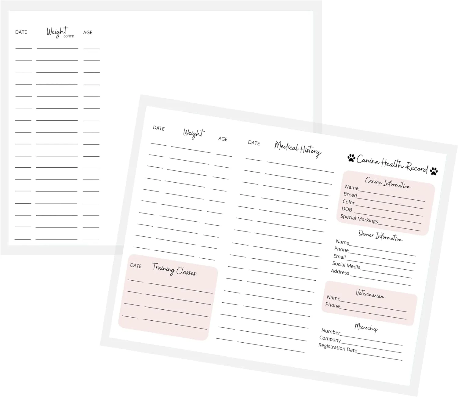Canine Health Record Form | Physical Printed 8.5x11" inches Standard Paper Size | Pet Supplies | Pet Health Records | Wellness Tracker | White and Pink Design