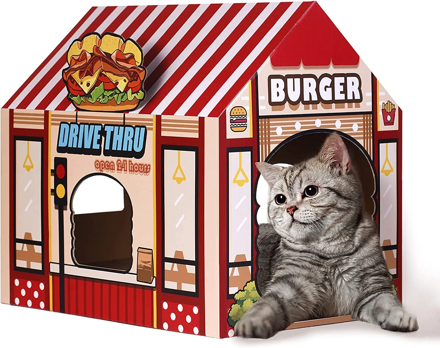 Cardboard Cat House & Scratcher: Kitty Burger Shop