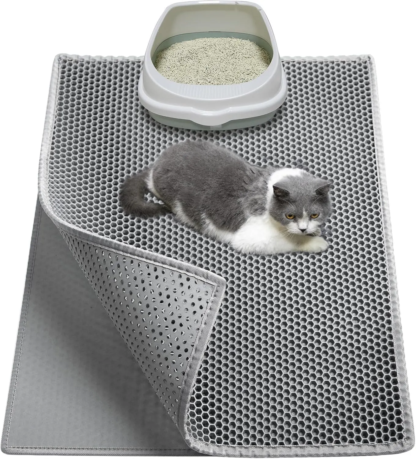 Cat Litter Box Mat, Large 30" X 24" EVA Litter Trapping Mat, Double Layer Honeycomb Holes Scatter Control, Gray