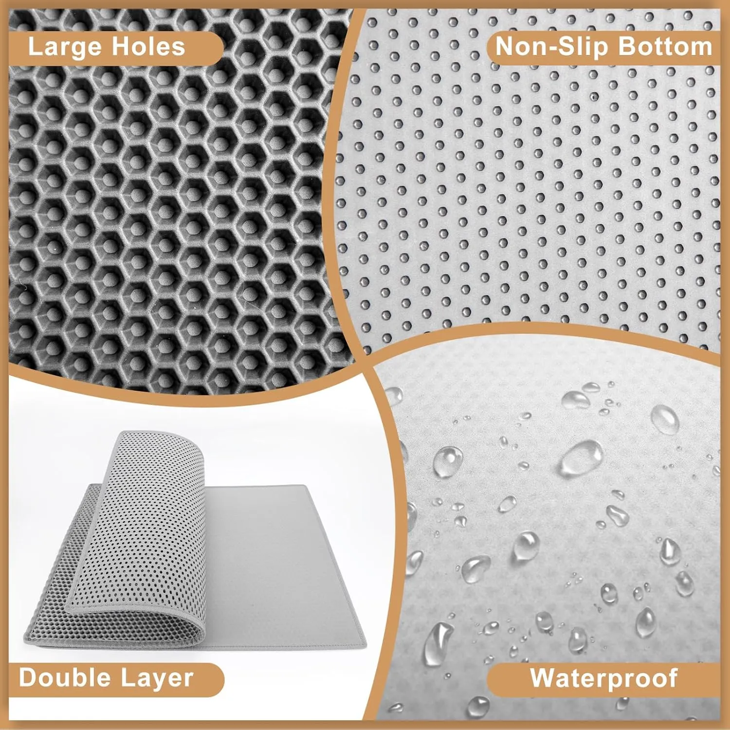 Cat Litter Box Mat, Large 30" X 24" EVA Litter Trapping Mat, Double Layer Honeycomb Holes Scatter Control, Gray