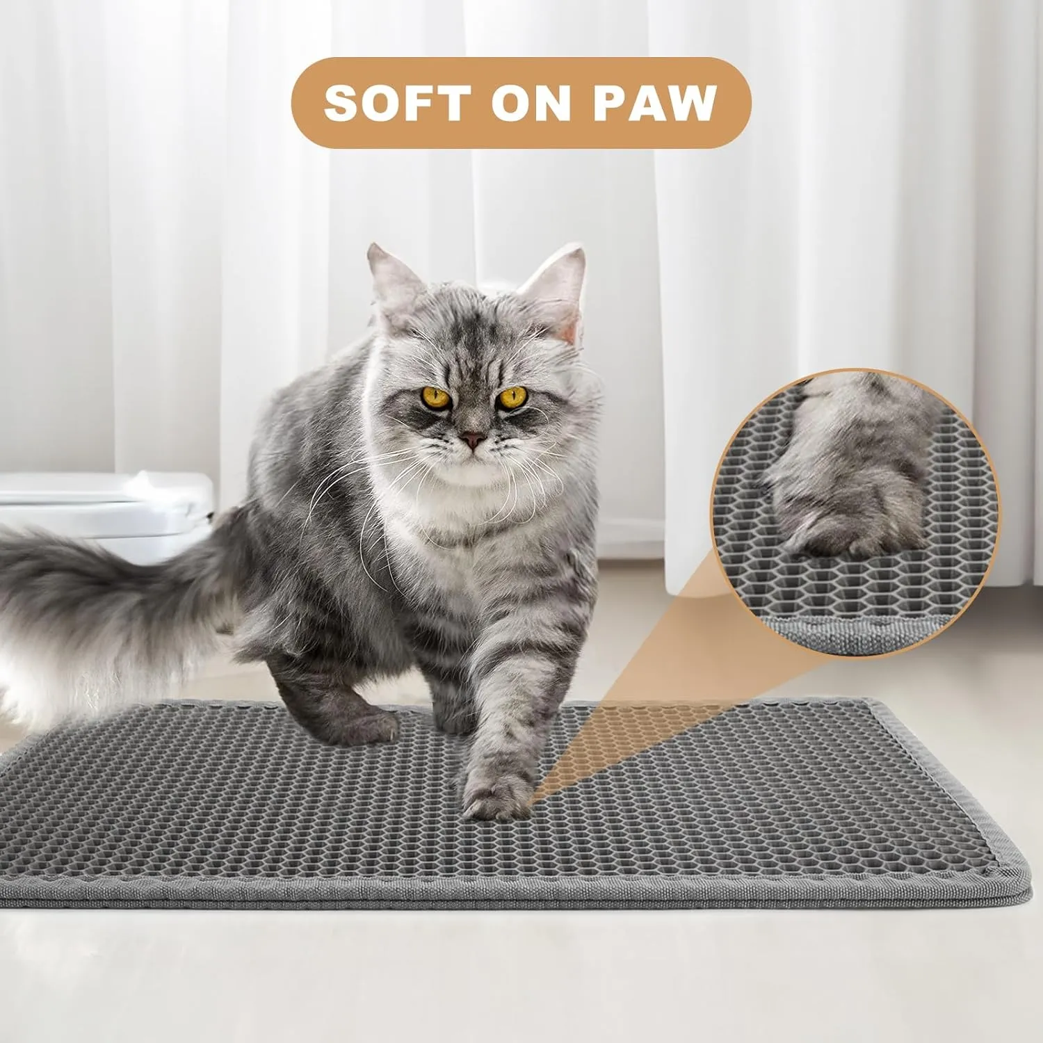 Cat Litter Box Mat, Large 30" X 24" EVA Litter Trapping Mat, Double Layer Honeycomb Holes Scatter Control, Gray