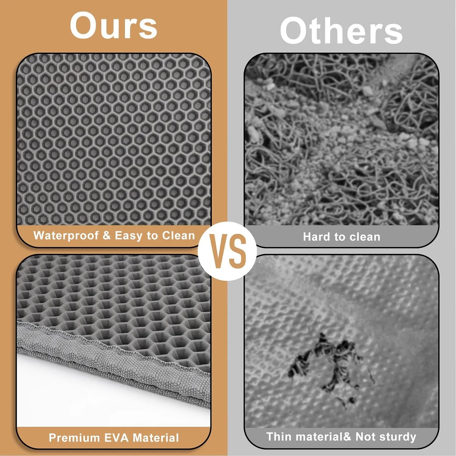 Cat Litter Box Mat, Large 30" X 24" EVA Litter Trapping Mat, Double Layer Honeycomb Holes Scatter Control, Gray