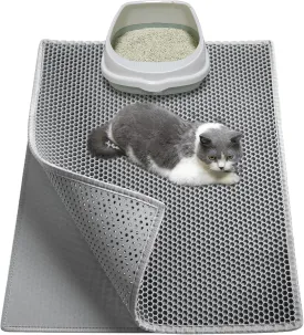 Cat Litter Box Mat, Large 30" X 24" EVA Litter Trapping Mat, Double Layer Honeycomb Holes Scatter Control, Gray
