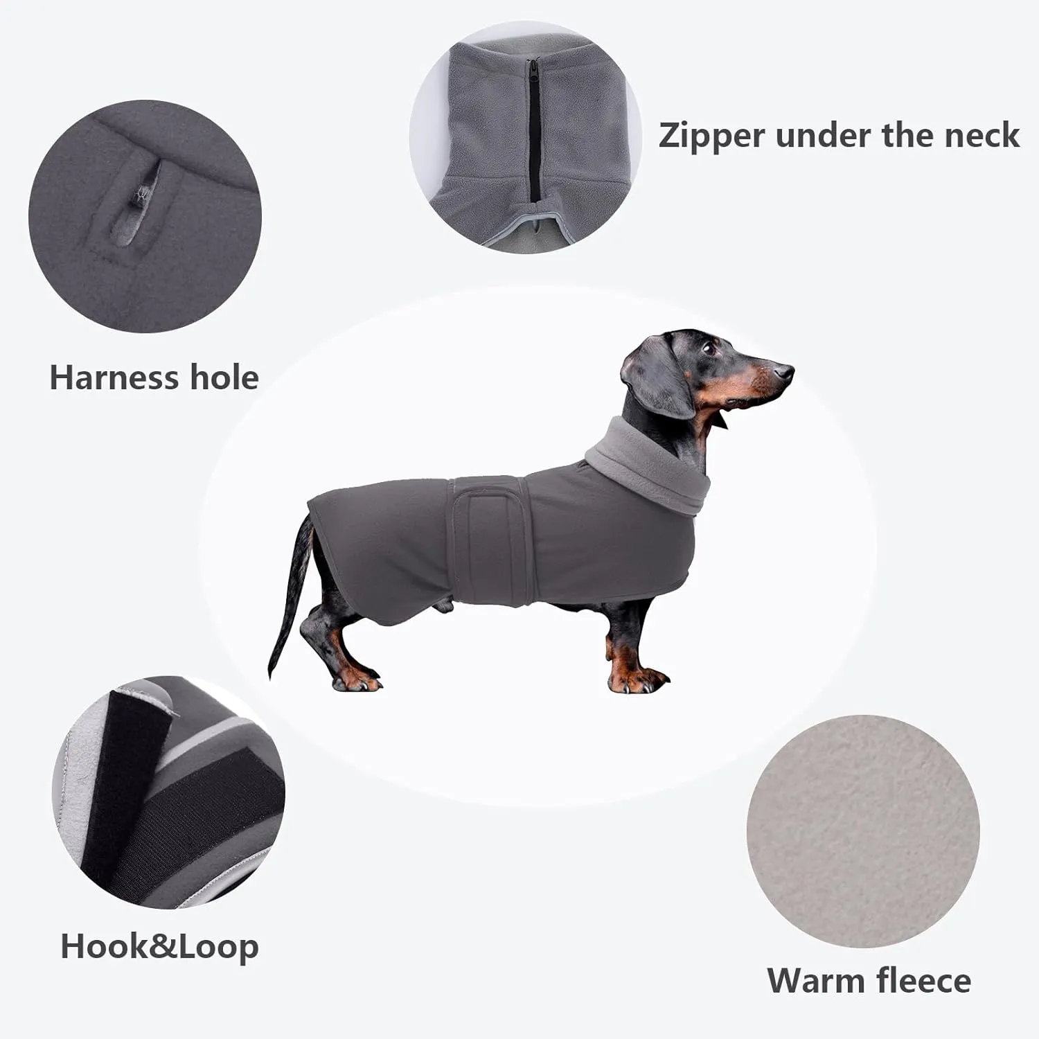 Dachshund Coats Sausage Dog Fleece Coat in Winter Miniature Dachshund Clothes with Hook and Loop Closure and high vis Reflective Trim Safety - Gray - S