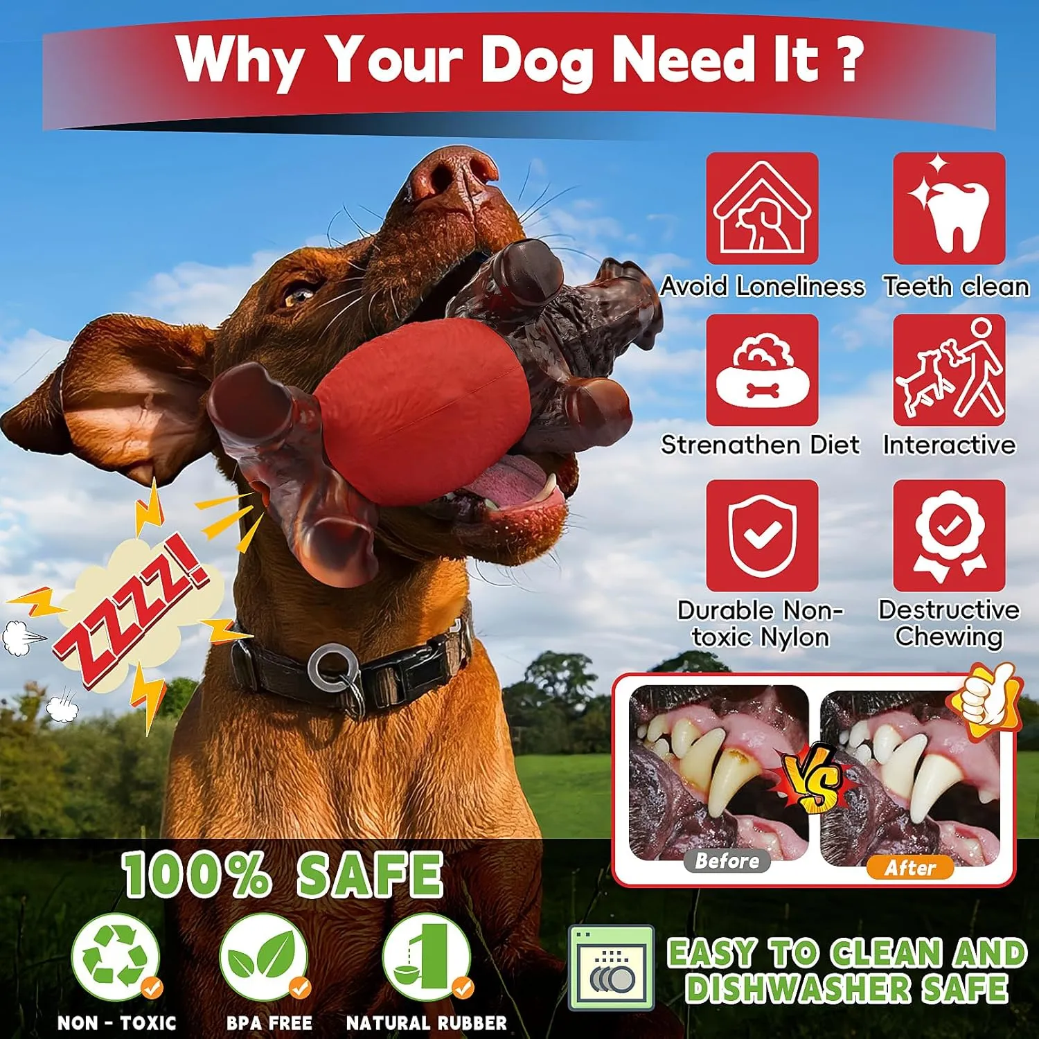 DBF Dog Chew Toys for Aggressive Chewers - Wild Boar Indestructible Dog Toy with Bacon Flavor, Durable Heavy Duty Tough Nylon Bones Toys for for Large Medium Breed, Gifts for Dogs (Red)