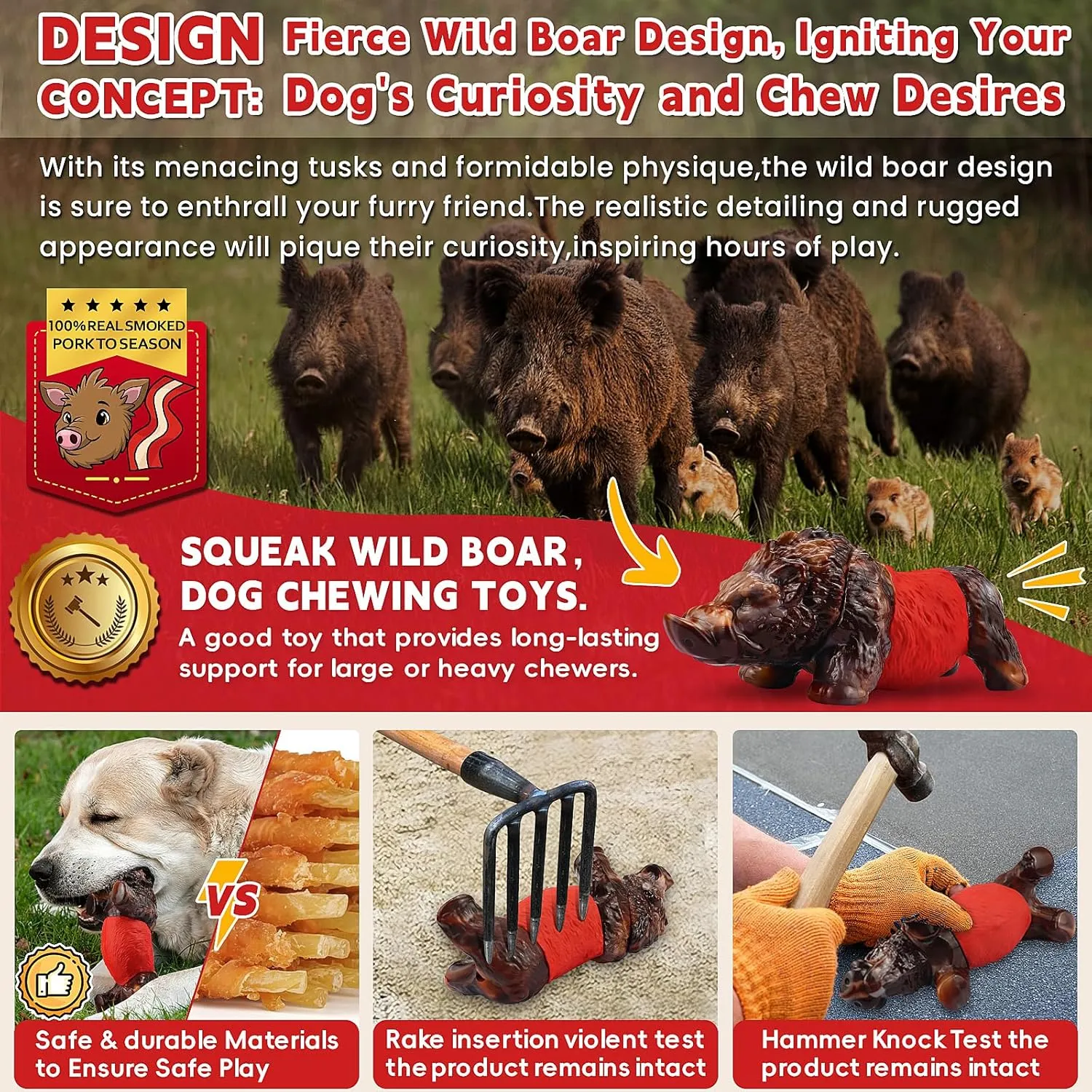 DBF Dog Chew Toys for Aggressive Chewers - Wild Boar Indestructible Dog Toy with Bacon Flavor, Durable Heavy Duty Tough Nylon Bones Toys for for Large Medium Breed, Gifts for Dogs (Red)