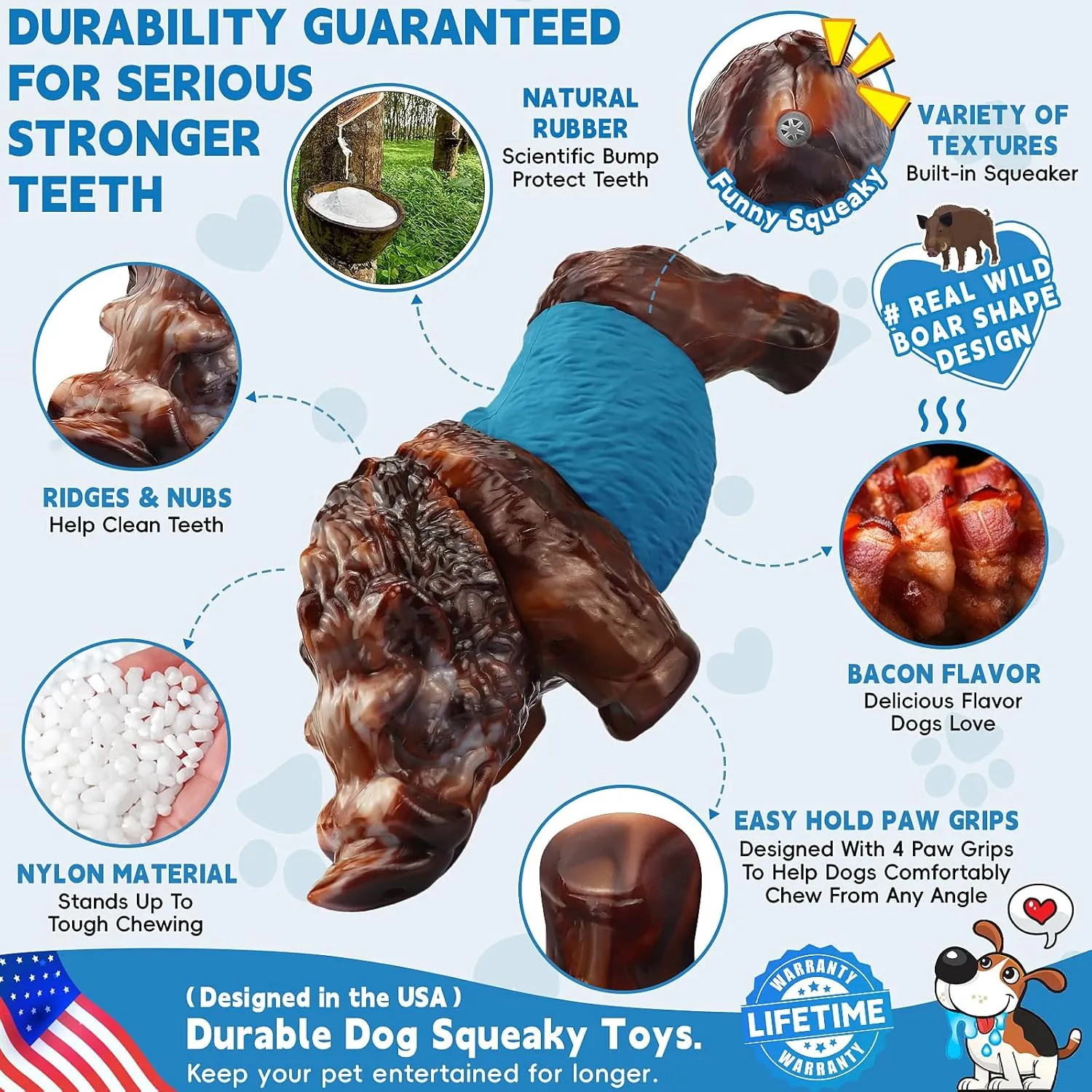 DBF Dog Chew Toys for Aggressive Chewers - Wild Boar Tough Indestructible Squeak Toy with Bacon Flavor, Durable Heavy Duty Nylon Dog Bones Toys for for Large Medium Breed(Blue)