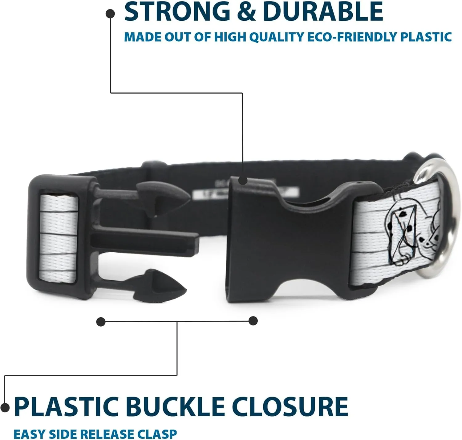 Disney Pet Collar, Dog Collar Plastic Buckle, One Hundred and One Dalmatians Puppies Playing White Black, 15 to 24 Inches 1.0 Inch Wide