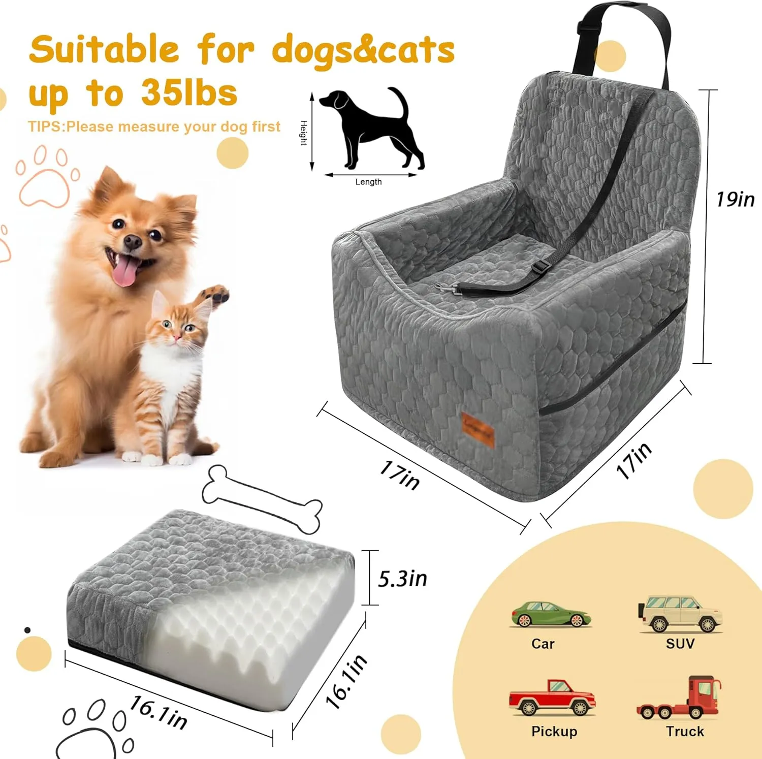 Dog Car Seat for Small/Medium Dogs, Memory Foam Dog Booster Seat, Travel Safety Per Car Seat with Washable Removable Cover, Storage Pockets for Dogs up to 35 lbs(Gray)