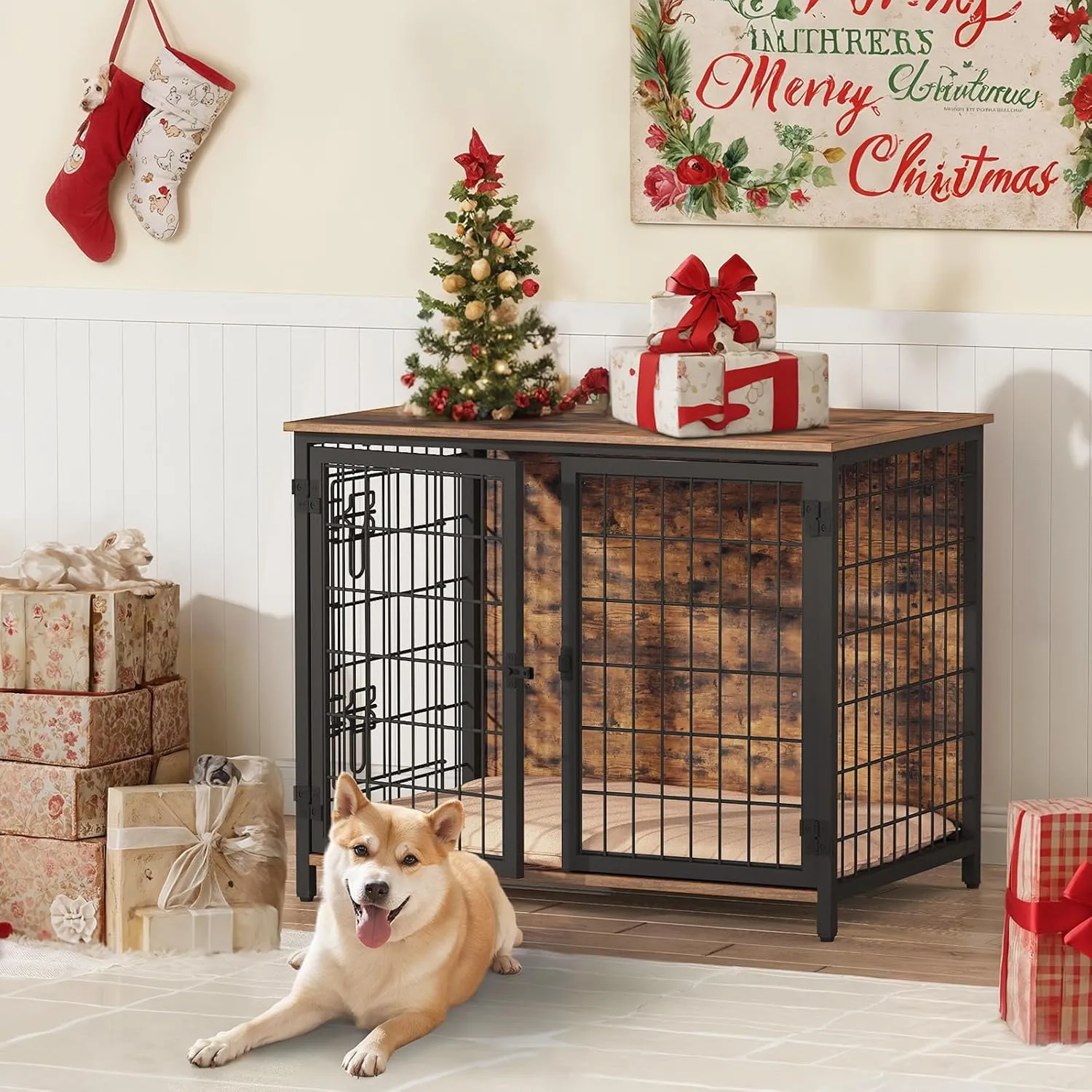 Dog Crate Furniture with Cushion, Wooden Dog Kennel with Double Doors, Heavy Duty Dog Cage for Small/Medium/Large Dogs, Indoor Dog House End Table, 31.5" L, Rustic Brown DCHR0701Z1