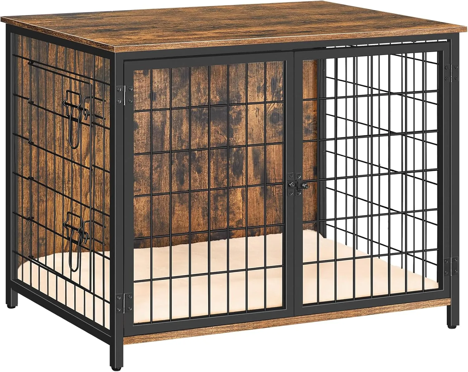 Dog Crate Furniture with Cushion, Wooden Dog Kennel with Double Doors, Heavy Duty Dog Cage for Small/Medium/Large Dogs, Indoor Dog House End Table, 31.5" L, Rustic Brown DCHR0701Z1