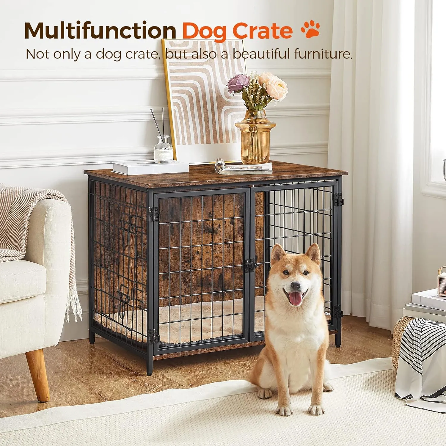 Dog Crate Furniture with Cushion, Wooden Dog Kennel with Double Doors, Heavy Duty Dog Cage for Small/Medium/Large Dogs, Indoor Dog House End Table, 31.5" L, Rustic Brown DCHR0701Z1