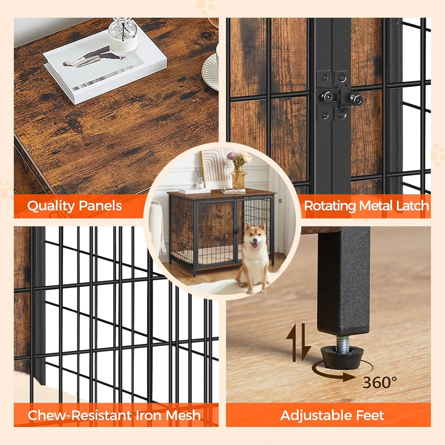 Dog Crate Furniture with Cushion, Wooden Dog Kennel with Double Doors, Heavy Duty Dog Cage for Small/Medium/Large Dogs, Indoor Dog House End Table, 31.5" L, Rustic Brown DCHR0701Z1