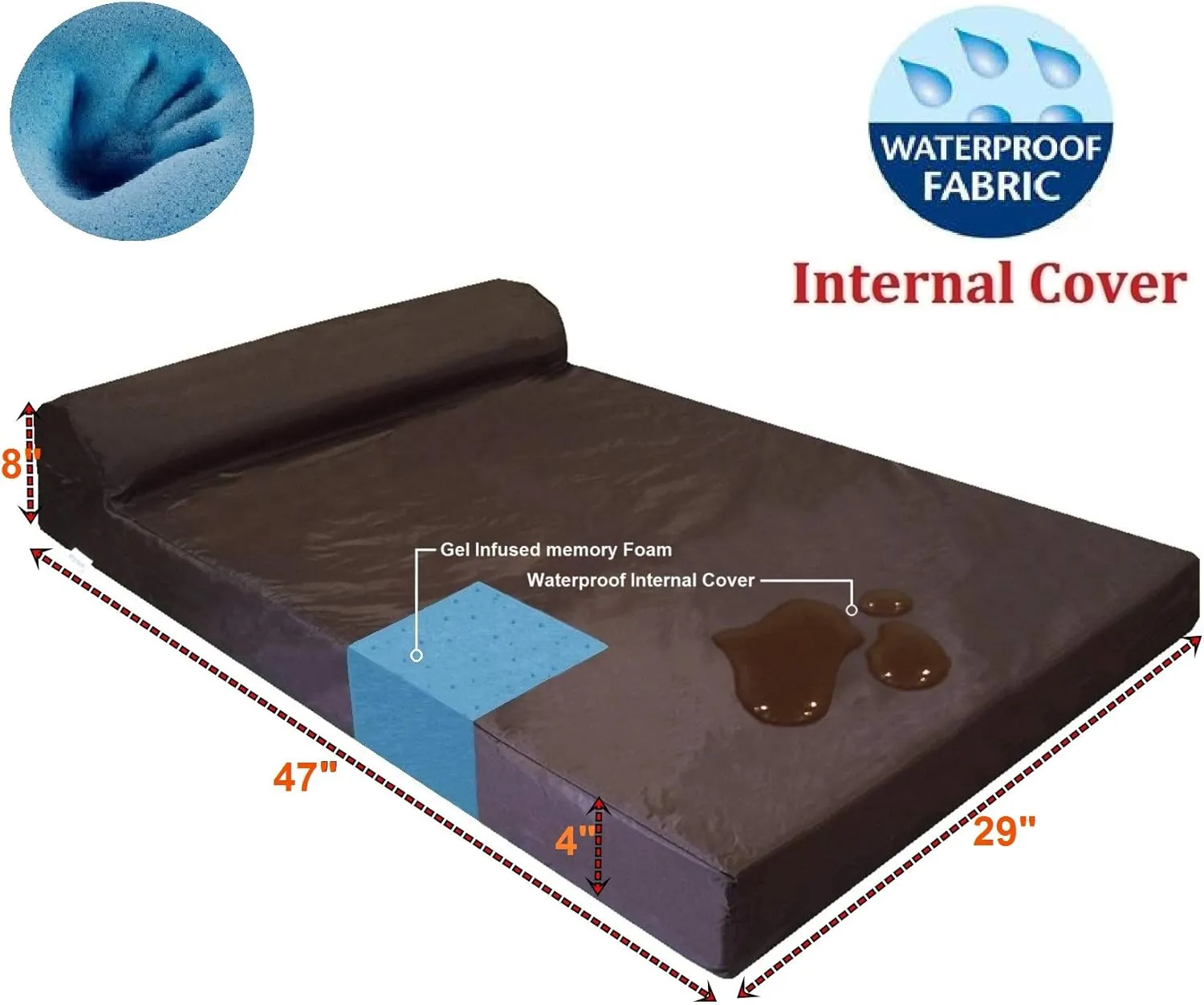 Dogbed4less Premium HeadRest Pillow Orthopedic Cool Memory Foam Dog Bed for Large Dogs, Waterproof Lining with Washable Suede Brown Cover, Extra Large 47X29