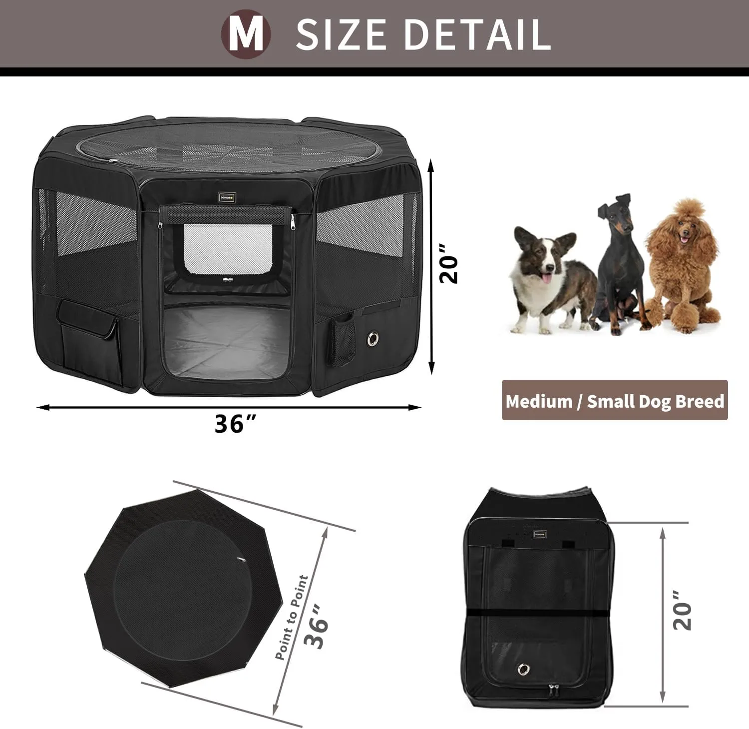DONORO Dog Playpen Portable Pet Play Pens for Small Dog/Cat/Rabbit/Chicks, Cat Playpen Indoor/Outdoor with Carring Case, Removable Zipper Top and Bottom (Black, Medium (36"x36"x20"), 8)