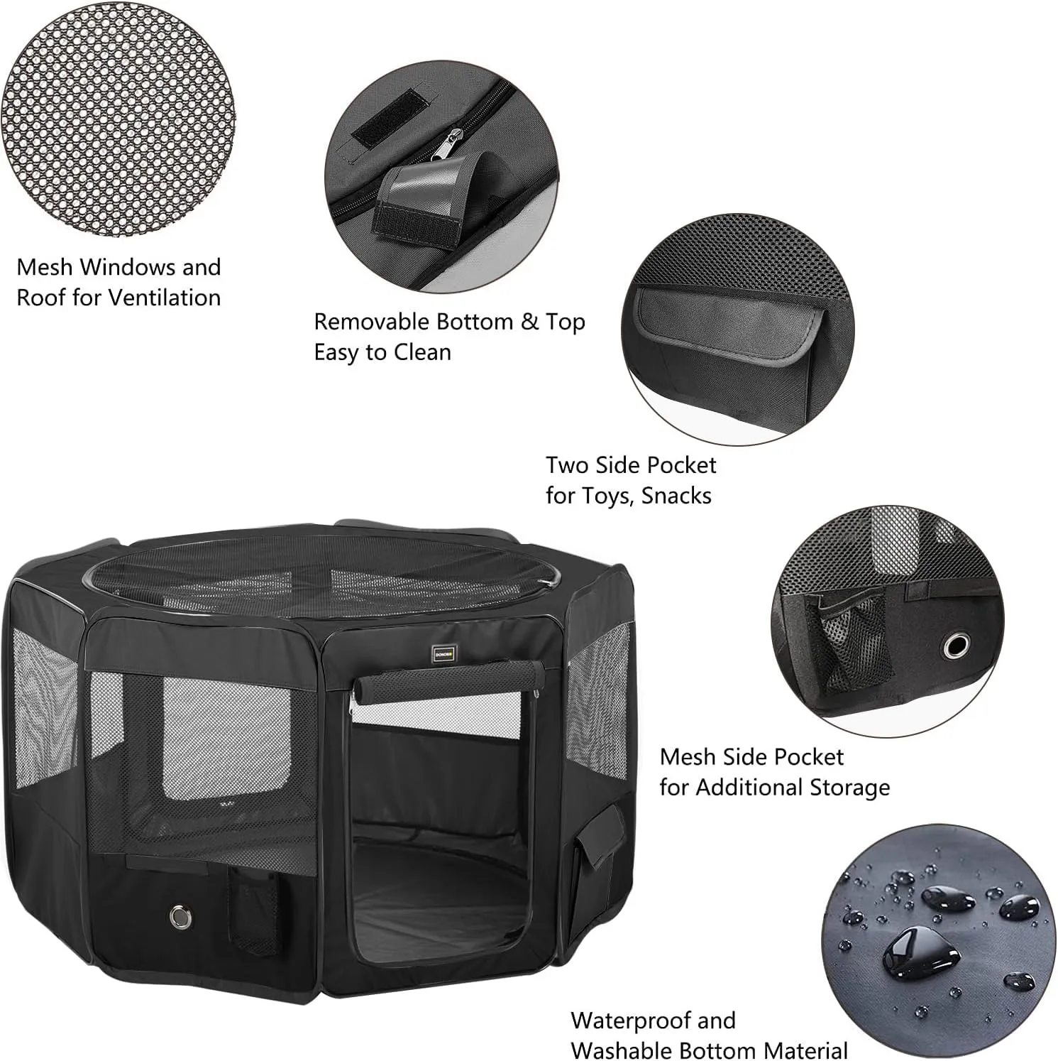 DONORO Dog Playpen Portable Pet Play Pens for Small Dog/Cat/Rabbit/Chicks, Cat Playpen Indoor/Outdoor with Carring Case, Removable Zipper Top and Bottom (Black, Medium (36"x36"x20"), 8)