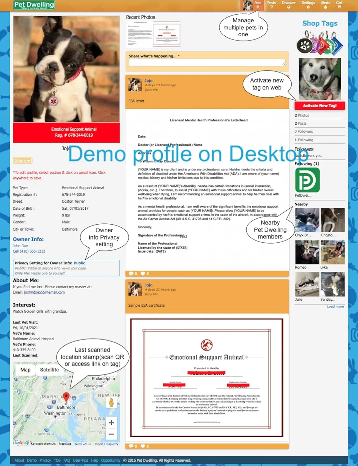 ESA QR Code ID Tags - Dog Tags- Cat Tags: Instant Online ESA Profile Access and Scan Location Email Alerts