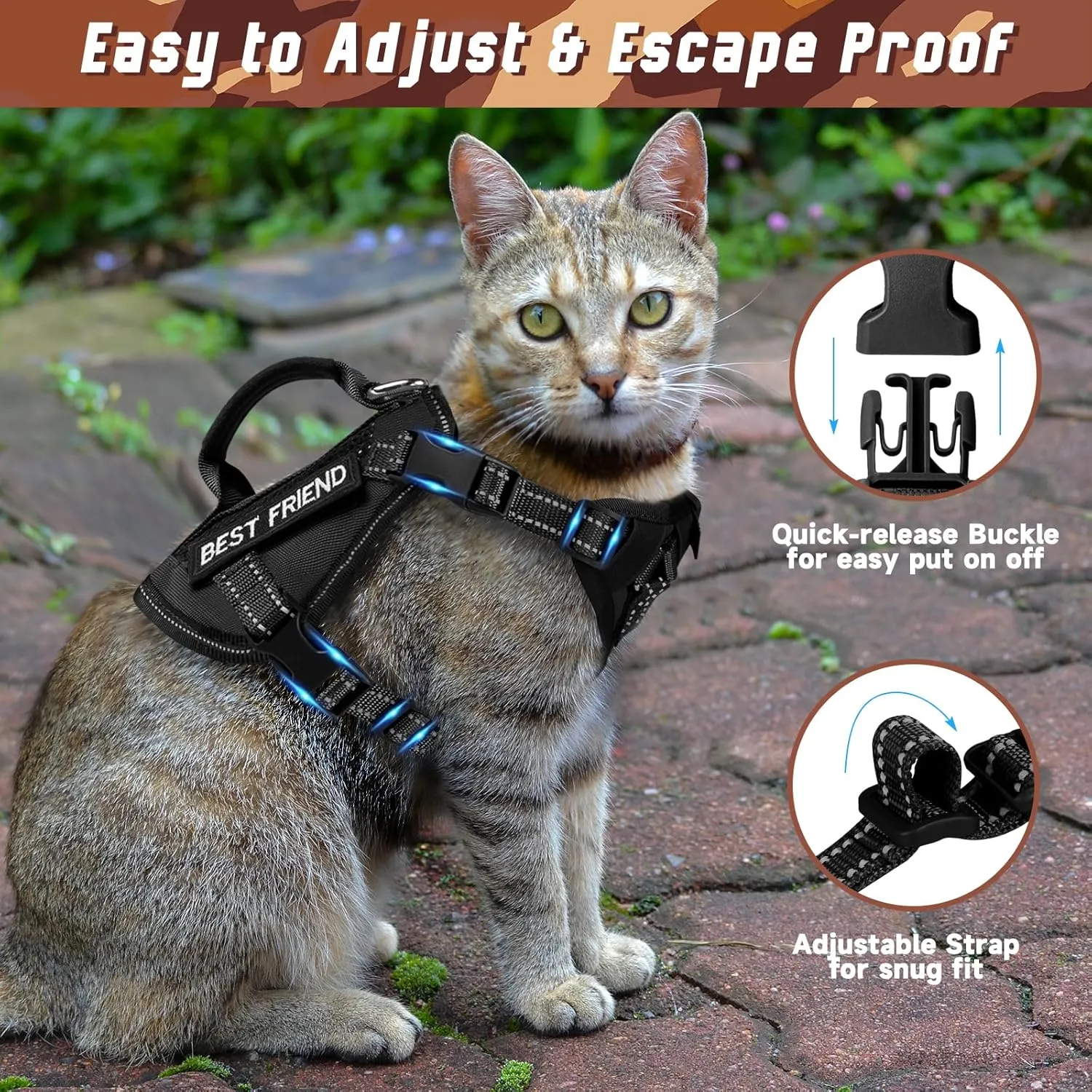 Extra Large Tactical Cat Harness with Handle, Air Mesh Adult Cat Walking Vest Harness Escape Proof, Reflective (Black, XL)