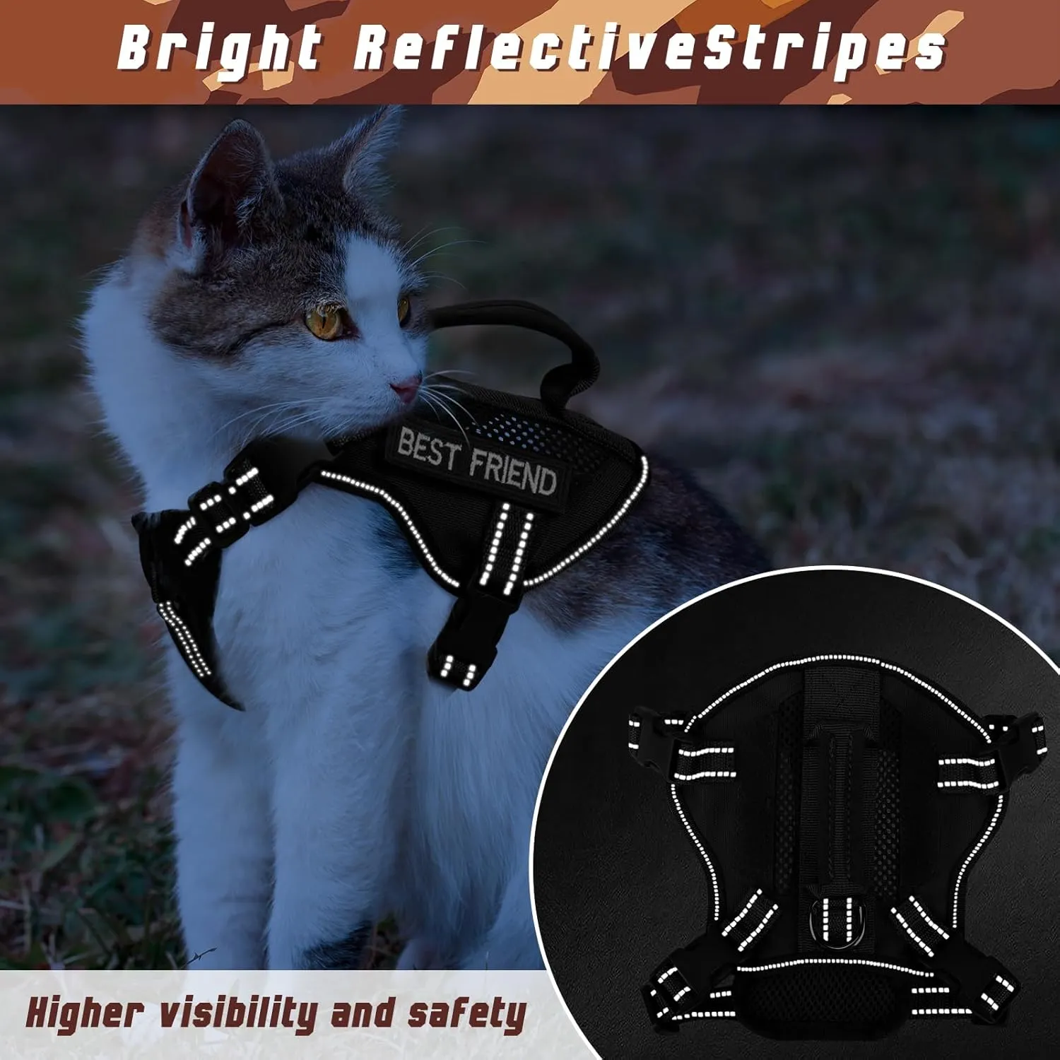 Extra Large Tactical Cat Harness with Handle, Air Mesh Adult Cat Walking Vest Harness Escape Proof, Reflective (Black, XL)