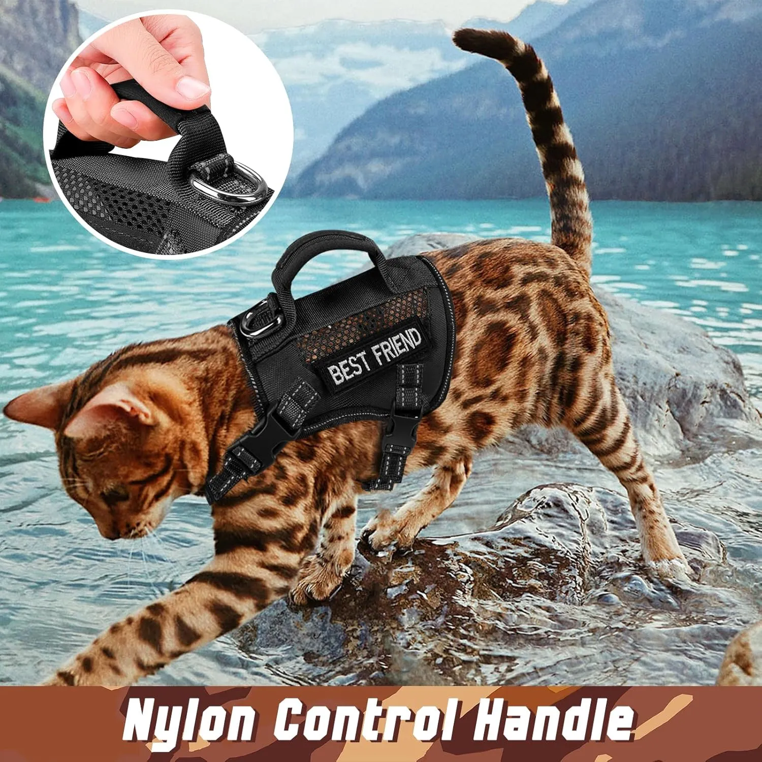 Extra Large Tactical Cat Harness with Handle, Air Mesh Adult Cat Walking Vest Harness Escape Proof, Reflective (Black, XL)