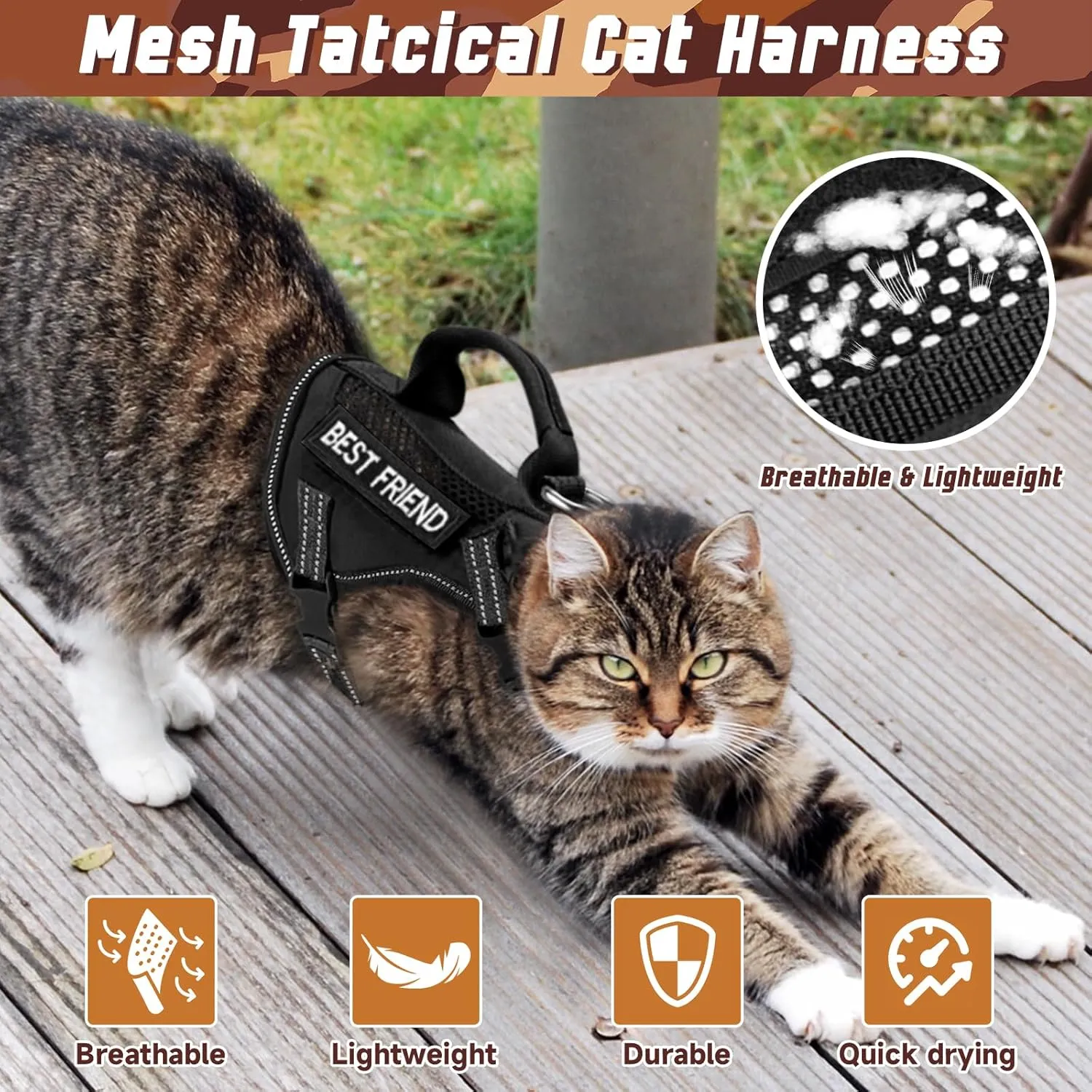Extra Large Tactical Cat Harness with Handle, Air Mesh Adult Cat Walking Vest Harness Escape Proof, Reflective (Black, XL)
