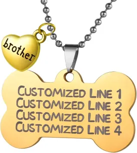 Free Engraving Name ID Tag Personalized Stainless Steel Bone Sharp Pendant Necklace Pet Tag Brother Charm - Gold